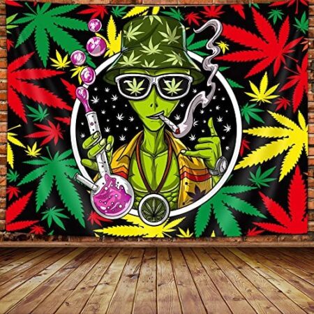 Wathon Trippy Weed Marijuana Tapestry Cool Alien Marijuana Leaf Wall Tapestry for Bedroom, Psychedelic Tie Dye Stoner Tapestries for Men Aesthetic Hippie Wall Art Poster for Dorm Home Decor 60X40IN