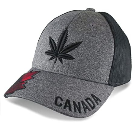 Cannabis Pot Leaf 3D Puff Black Embroidery and Red Buffalo Check Plaid on Adjustable Heather Grey and Black Trucker Style Baseball Cap